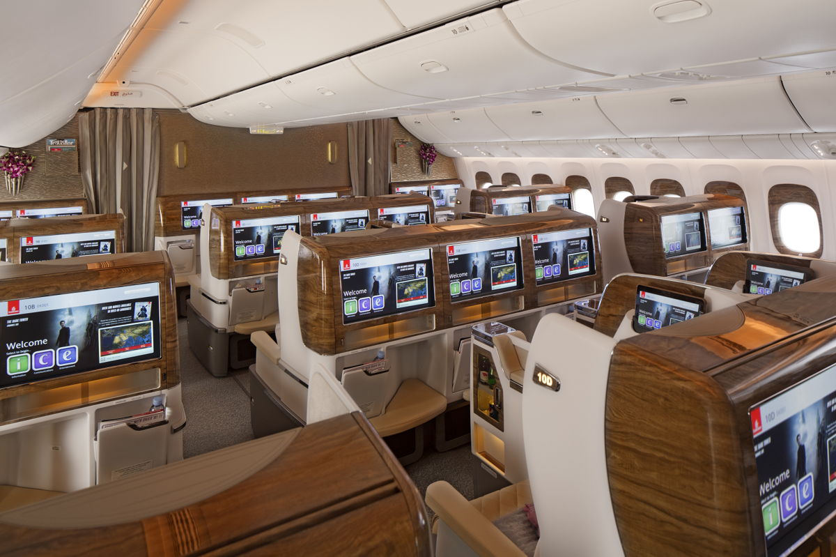 Emirates business class cabin on board the A380
